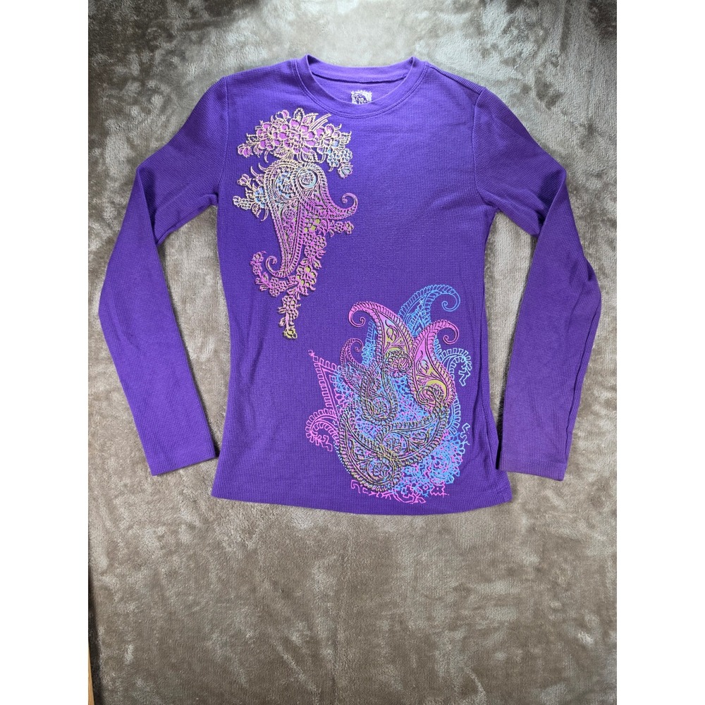 FRZ Purple Paisley Waffle Knit Thermal Top Long Sleeve Graphic Print Womens S